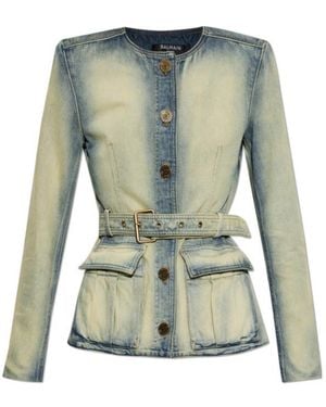 Balmain Belted Denim Blazer - Blue