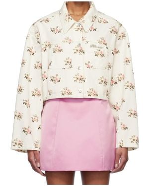 Blumarine Floral Print Rhinestone Pin Denim Jacket - Pink