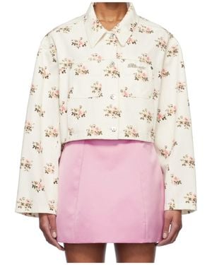 Blumarine Floral Print Rhinestone Pin Denim Jacket - Pink