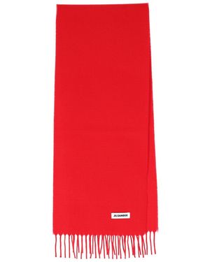 Jil Sander Fringed Logo Scarf - Red