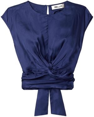 Diane von Furstenberg Persephone Cropped Twist-Front Satin Wrap Top - Blue