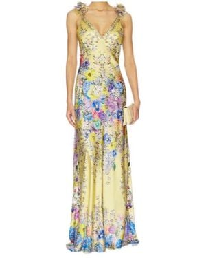 CAMILLA Floral Printed V-Neck Bias Slip Dress - Metallic