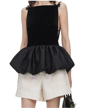 Self-Portrait Velvet Top With A Bubble Hem - Black