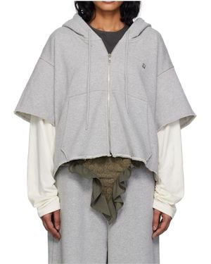 Pushbutton Raw-Edge Zip-Up Hoodie - Grey
