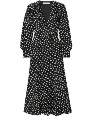 Alessandra Rich Clover Wrap-Effect Floral-Print Silk-Crepe Midi Dress - Black