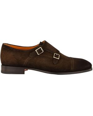 Santoni Almond Toe Buckled Loafers - Brown
