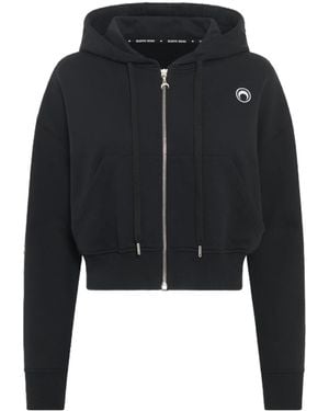 Marine Serre Moon Logo Fleece Cropped Zipped Hoodie - Black