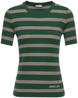 Moncler Striped Cotton Short Sleeve Polo Shirt - Green