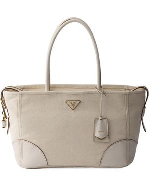Prada Large Linen Blend And Leather Tote Bag - Natural