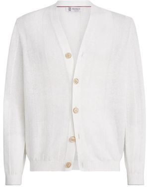 Brunello Cucinelli Linen And Cotton Textured Rib Cardigan - White
