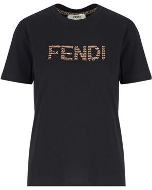 Fendi Logo Detailed Crewneck T-Shirt - Black