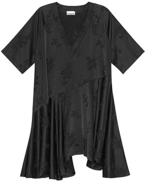 Ganni Floral Satin Jacquard Oversized Mini Dress - Black