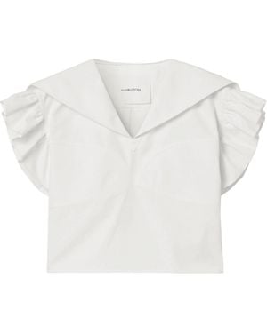 Pushbutton Ruffled Cotton-Poplin Blouse - White