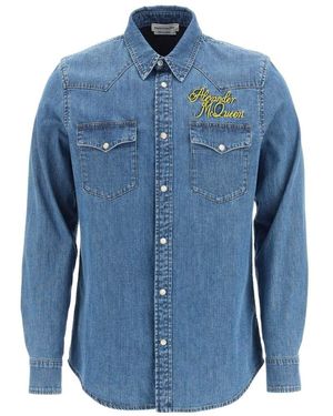McQueen Logo Detailed Denim Shirt - Blue