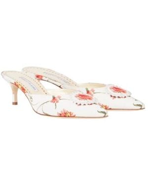 Manolo Blahnik Floral Satin Mule Sandals With Rhinestone Buckles - White