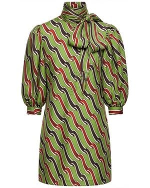 Gucci Tie-Detailed Printed Silk-Jacquard Midi Dress in Green | Lyst
