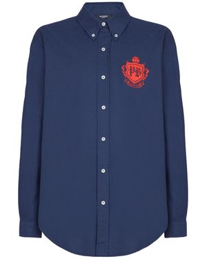 Balmain Apos;S Oxford Cotton College Emblem Button-Down Shirt - Blue