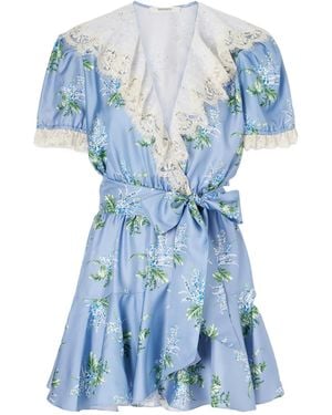 Rodarte Ruffled Lace-Trimmed Floral-Print Silk-Twill Mini Dress - Blue
