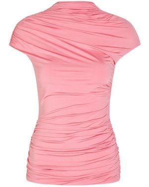 Self-Portrait Gathered Stretch-Jersey Top - Pink