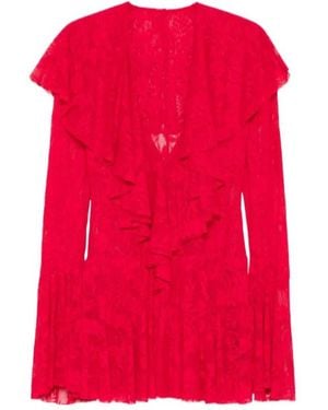 Norma Kamali Laced Deep-V Ruffled Mini Dress - Red