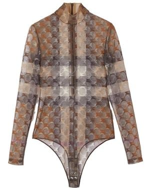 Burberry Ekd Check Stretch Tulle Turtleneck Bodysuit - Brown