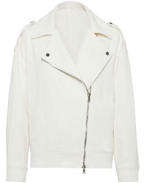 Brunello Cucinelli Long-Sleeved Zipped Biker Jacket - White