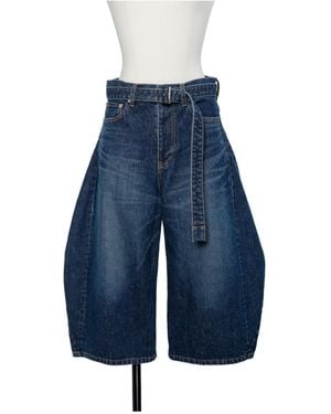 Sacai Belted Cropped Denim Shorts - Blue