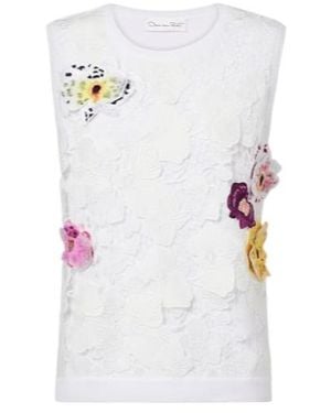 Oscar de la Renta Lace-Trimmed Floral-Appliqué Cotton-Blend Top - White