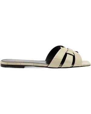 Saint Laurent Croc-Embossed Flat Sandals - White