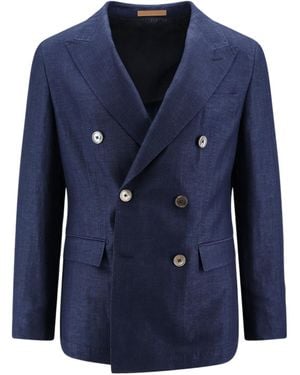 BOSS Double-Breasted Herringbone Blazer - Blue