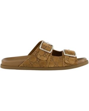 Gucci Gg Monogram Double Buckle Sandals - Brown