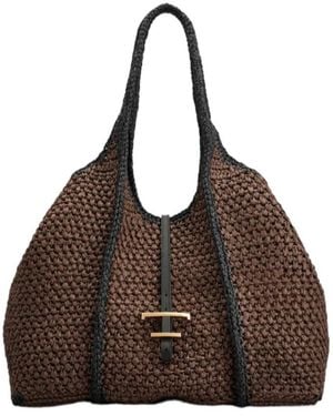Tod's T Timeless Large Raffia Shoulder Bag - Brown