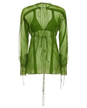Christopher Esber Silk Chiffon Open Blouse Shirt Bra Set - Green