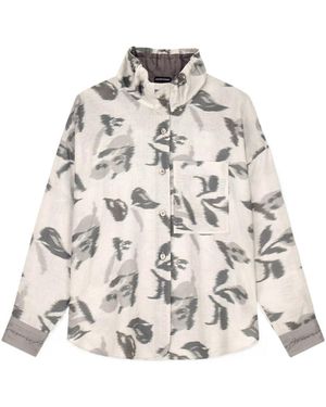 Emporio Armani Linen Shirt With A Chiné Flower Print And High Collar - Natural