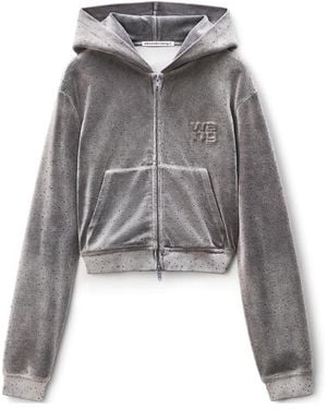 Alexander Wang T By Embellished Hotfix Velour Shrunken Hoodie - Grey