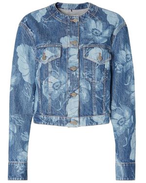 Fendi Floral Printed Cropped Crewneck Denim Jacket - Blue