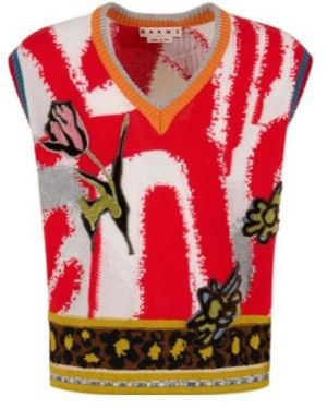Marni Multicolour V-Neck Knitted Vest - Red