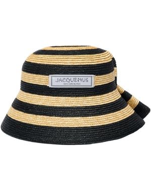 Jacquemus Logo Patch Striped Woven Hat - White