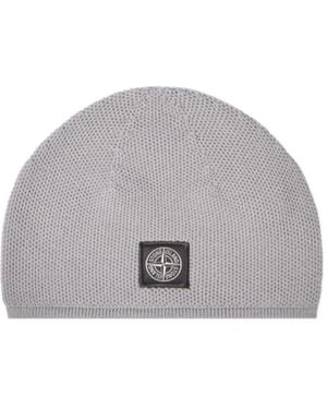 Stone Island Beanie With Compass Patch And Ribbed Trim - Gray