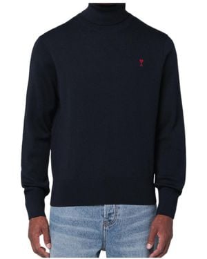 Ami Paris Heart-Embroidered Turtleneck Jumper - Blue