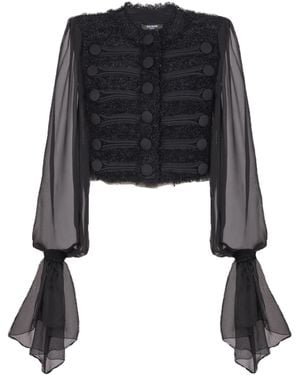 Balmain Chiffon-Sleeve Tweed Jacket - Black
