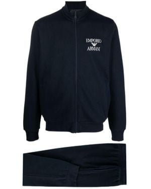 Emporio Armani Logo-Embroidered Cotton-Blend Pyjama - Blue