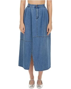 Alysi Slit-Detailed Pleated Denim Skirt - Blue