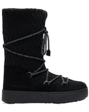 Moon Boot Knit-Upper Lace-Up Boots - Black