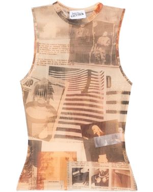 Jean Paul Gaultier The Journal Ecru Tulle Tank Top With All-Over Journal Print - Natural