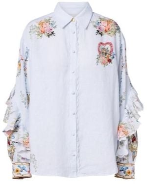 CAMILLA Floral Ruffled Linen Shirt - White