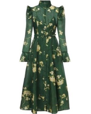 Leo Katrina Floral Linen And Silk Midi Dress - Green