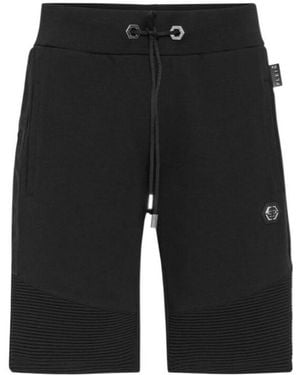 Philipp Plein Ribbed Detail Cotton Track Shorts - Black