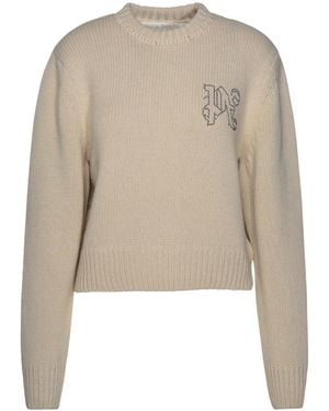 Palm Angels Monogram Embellished Knitted Sweater - Natural
