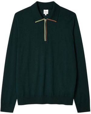 Paul Smith Dark 'Signature Stripe' Zip Trim Merino Wool Polo Shirt - Green